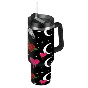 Imagem de Blueangle Copo de caveira de coração de 850 g com alça e tampa de palha, caneca de viagem de aço inoxidável isolada a vácuo de parede dupla, garrafa de água reutilizável para academia de escritório ao