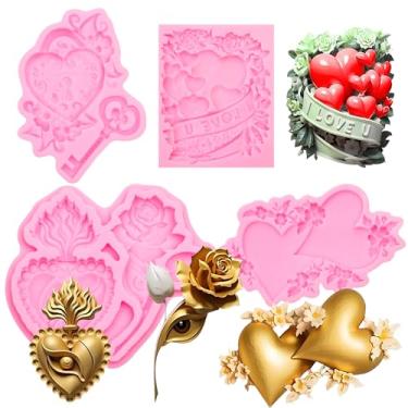 Imagem de Moldes de fondant para o Dia dos Namorados, 4 peças, moldes de silicone de flor rosa coração amor para decoração de bolo de chocolate topo de cupcake bolo argila polímero artesanato resina epóxi