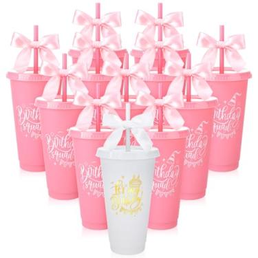 Imagem de Ovveroche 12 copos de festa de aniversário, copos de plástico reutilizáveis de 680 g com tampas, canudos e laços para decorações de aniversário, lembrancinhas de festa