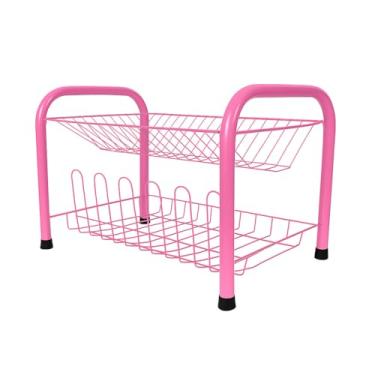 Imagem de Escorredor de Pratos Duplo em Aço Reforçado - Disponível em 39.5 x25.5 x27cm para Refeições Familiares e Churrasco(Rosa)