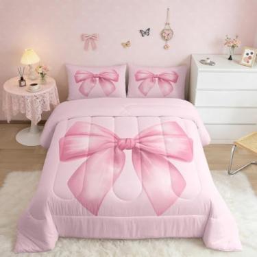 Imagem de Feelyou Conjunto de edredom com laço rosa para todas as estações, fofo, com 1 fronha, microfibra, estilo preço, roupa de cama kawaii, decoração de quarto, edredom respirável, macio e leve
