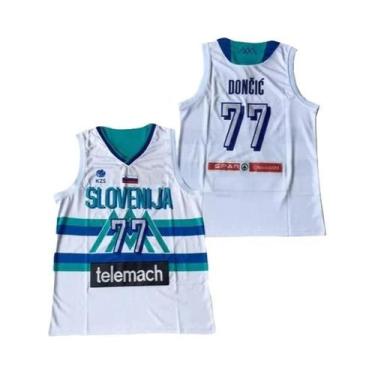 Imagem de Camisa De Basquete Branca Azul Verde Eslovênia 77 Doncic Alta Qualidad