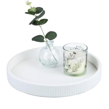 Imagem de HofferRuffer Bandeja decorativa redonda, decoração de bandeja de couro sintético, decorativa para perfume, manobrista de banheiro, mesa de cabeceira ou cômoda, 30 x 30 x 4 cm (faixa branca)