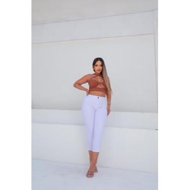 Imagem de Calça Capri curta branca feminina jeans com lycra cintura alta moda te