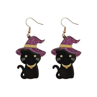 Imagem de ROSTIVO Brincos pendentes de chapéu de bruxa de gato preto para mulheres, bijuteria divertida de acrílico para festas assustadoras e eventos góticos