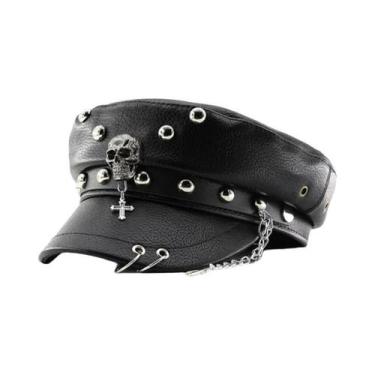 Imagem de Boina Feminina Vintage De Couro PU Estilo Punk, Chapéu Militar De Topo