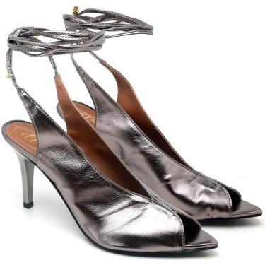 Imagem de Sandália Salto Médio Bico Folha Metalic Prata Velho Ella's, 37, Femini