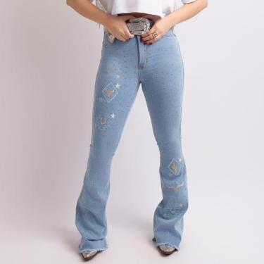 Imagem de Calça Jeans Delavê Feminina Western Bordada Blue Strass Moda Country C