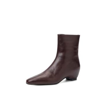 Imagem de TinaCus Bota feminina de salto cunha no tornozelo, couro legítimo, feita à mão, bico quadrado, botas curtas com zíper lateral, Marrom, 40