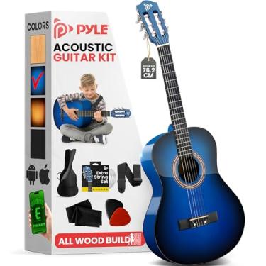 Imagem de Pyle Kit de guitarra acústica clássica de 91,4 cm, tamanho 3/4, feito à mão, madeira, azul, acabamento fosco, 6 cordas de nylon com afinador Gig Bag, cordas extras, palhetas, alça, iniciantes,