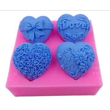 Imagem de Redxin Mold Molde de grau alimentício, 4 cavidades, rosa, coração, feito à mão, sabonete, chocolate, mousse, bolo, vela, gesso, artesanal, molde de silicone.