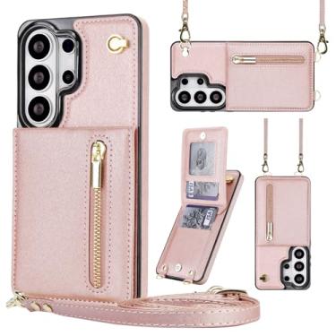 Imagem de Capa carteira para Samsung Galaxy S26 Ultra, couro premium e TPU, capa traseira para celular com alça de pulso e suporte, capa protetora fina para mulheres e meninas (ouro rosa)