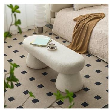 Imagem de Banco moderno para quarto, banco otomano com tecido boucle, banco de pele sintética, banco de entrada estofado para sala de estar, quarto, entrada decorativa (branco)