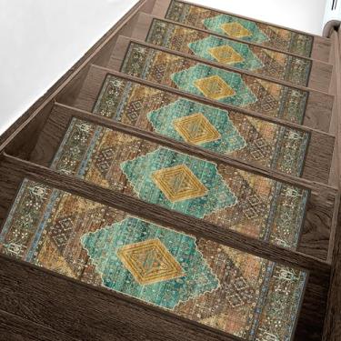 Imagem de Passos de escada super antiderrapantes para degraus de madeira âmbar e ciano 76 cm x 20 cm de borracha para escadas internas tapetes de segurança para cães, crianças e idosos, tapete de aderência de