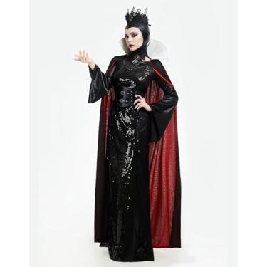Imagem de Cosplay.fm Fantasia feminina de rainha má princesa madrasta cosplay traje adulto Halloween vestido de fantasia de rainha, Preto, G
