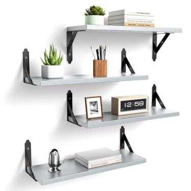 Imagem de ROMGUAR CRAFT Conjunto de 4 prateleiras flutuantes de madeira, prateleiras de parede decorativas de armazenamento rústica, prateleira de parede para sala de estar, quarto, 43 x 15 cm, cinza claro