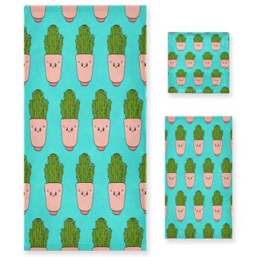 Imagem de xigua Conjunto de toalhas de banheiro de cactos de desenho animado absorvente macio 3 peças toalha de banho toalha de mão toalhas decorativas para banheiro, academia, hotel, praia, piscina