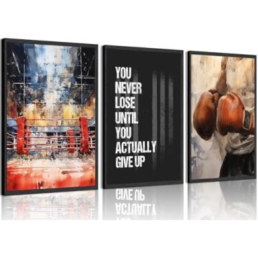Imagem de Conjunto de 3 arte de parede motivacional de boxe com citações inspiradoras de esportes competitivos modernos decoração de parede para amantes de boxe fitness pôster, arte para sala de estar, quarto