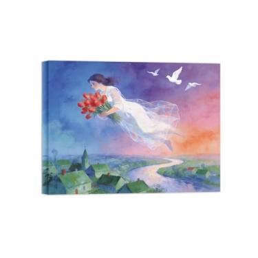 Imagem de Impressão em tela de arte de parede de surrealismo - Menina com flores - Pintura de decoração de paisagem - Imagens para sala de estar pronta para pendurar tela embrulhada 60 x 80 cm 24 x 31 polegadas