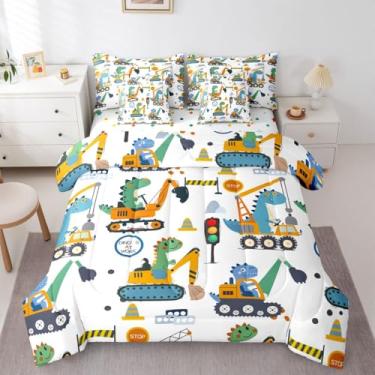 Imagem de Erosebridal Jogo de cama solteiro com escavadeira de dinossauro | Conjunto de cama de 7 peças com desenho animado de dinossauro, caminhão, trator e veículo em uma bolsa, decoração de quarto de animal
