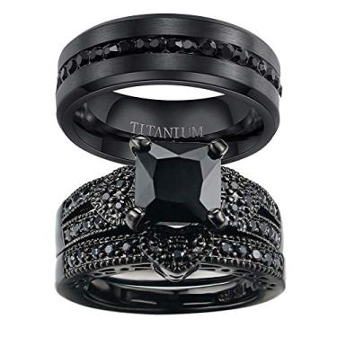 Imagem de ringheart 2 anéis para ele e ela anéis de casal preto CZ anéis femininos conjuntos de anéis de casamento de aço titânio masculino alianças de casamento, Metal Cristal Pedra Metal Cristal strass pedra,