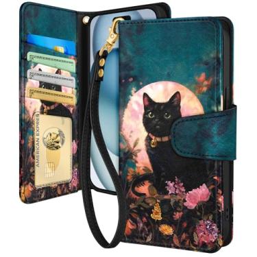 Imagem de Toycamp Capa carteira para iPhone 15 com alça de pulso - Capa de telefone flip de couro com bloqueio RFID 4 porta-cartões para Apple para iPhone 15 Funda fofa estética para mulheres, pintura gato