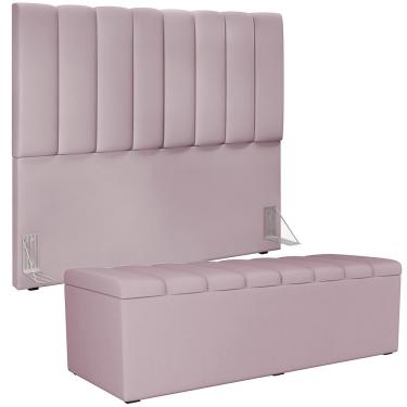Imagem de Kit Cabeceira Cama Box Casal 140cm Com Calçadeira Recamier Baú Dália W01 Suede Rosê - Lyam Decor