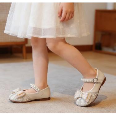 Imagem de Sapato social feminino Bow Mary Jane Sapatilha bailarina com alças de contas para festa casamento escola (bebê/criança pequena/criança grande), Bege, 10.5 Little Kid