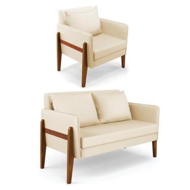 Imagem de Kit 1 Sofá Namoradeira E 1 Poltrona Lana Corino Bege Base De Madeira - D'rossi