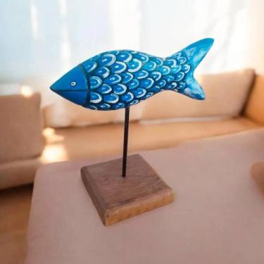 Imagem de Escultura de Peixe em Madeira - Estilo Rústico, Azul