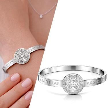 Imagem de Bracelete Pulseira Feminino Pingente São Bento Aço inox Luxo Cor:Prata