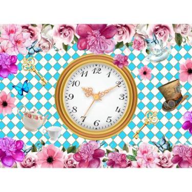 Imagem de Painel De Tecido Sublimado Alice No País Das Maravilhas Relógio e Flor
