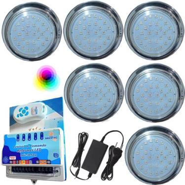 Imagem de Kit 06 LUMINARIA PISCINA HIPER LED 15W INOX 316 RGB ROSCA - Brustec