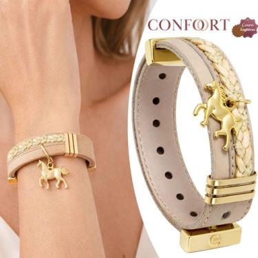 Imagem de Pulseira Couro Feminina Country Ajustável Cavalo Dourado - Granado Ace