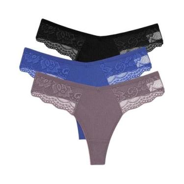 Imagem de Conjunto De 3 Calcinhas G-string De Algodão Com Renda Para Mulheres S-