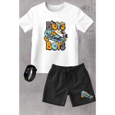 Imagem de Kit Conjunto Infantil Moletinho Camiseta e Short Moda Verão Skate Street Brooklyn com Relógio-Unissex