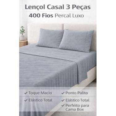Imagem de Jogo de Cama Casal 3 Peças 400 Fios Percal Toque Macio Lençol Com Elás