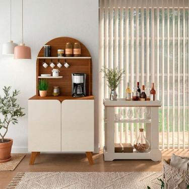 Imagem de Conjunto Sala de Estar Bar Rosé e Cantinho do Café 2 Portas e Suporte para Xicaras Viena - Artely Cedro/Off White