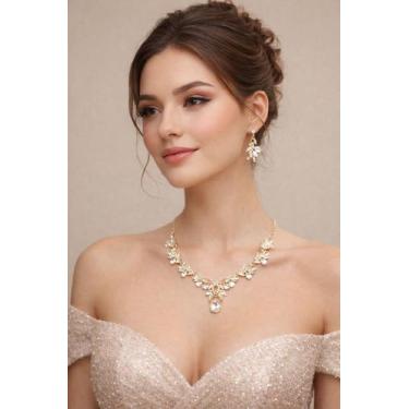Imagem de L3520-Conjunto Feminino Colar Brinco Zirconia Prata Dourado Gota Folha