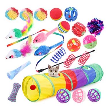 Imagem de Gesuche Conjunto de 24 peças de brinquedos para gatos, pacote de brinquedos interativos para gatos, incluindo bolas enrugadas para gatos, bolas brilhantes, molas espirais, túneis dobráveis para gatos, bolas e sinos coloridos, bastão divertido e erva de gato para gatos internos