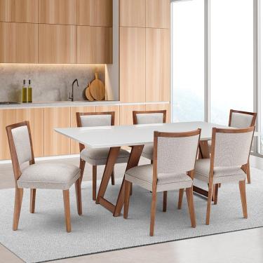 Imagem de Mesa de Jantar Herval Moara com 6 Cadeiras em Tecido Poliéster - Off White/Amêndoa