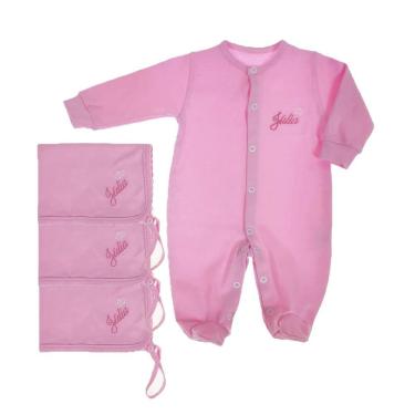 Imagem de Kit macacão rosa coroa personalizado + 3 panos de boca rosa personalizado
