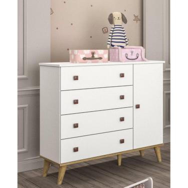 Imagem de Cômoda de Bebê Fraldário 4 Gavetas 1 Porta Fernanda Carolina Baby Branco Fosco/Bétula