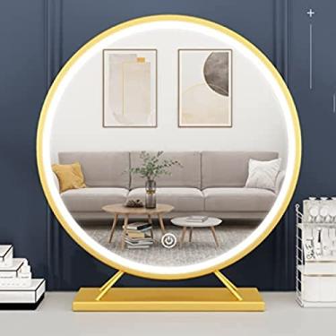 Imagem de Espelho de mesa independente com luzes LED, espelho de maquiagem redondo grande penteadeira para quarto, arte de ferro emoldurada de metal independente, espelho de vaidade dourado, 50x55cm, Gigh End4