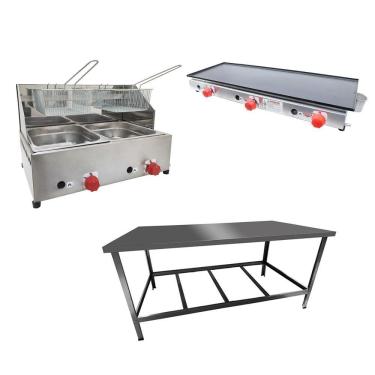 Imagem de Kit Lanchonete Mesa de Manipulação 120x55cm + Fritadeira a Gás 2 Cuba + Chapa a Gás 90cm Alcamar