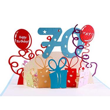 Imagem de iGifts And Cards Happy 70th Birthday With Lots of Presents Cartão de felicitações 3D Pop Up - Incrível, Bonito, Divertido, Único, Ocasião Especial, Half-Fold, Celebração, Marido, Esposa, Melhor Amigo, Parabéns