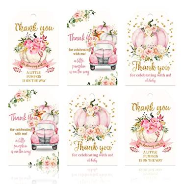 Imagem de Etiquetas de outono Qera, 90 peças, 3 desenhos, etiquetas de presente de abóbora rosa, com cordão de 1,8 m, obrigado por comemorar conosco etiquetas de papel para casamento, aniversário, chá de bebê, lembrancinhas de festa de 5 cm x 7 cm