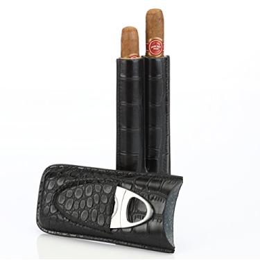 Imagem de Porta-cigarros de couro preto para 2 charutos com conjunto de cortador – Tamanho perfeito para bolsos de camisa, carrinho de golfe ou viagem