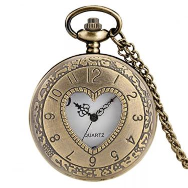 Imagem de CNBPIC Coração Oco em Forma de Algarismos Arábicos exibir Colar de Quartzo de Bronze Corrente Pendente Relógio de Bolso