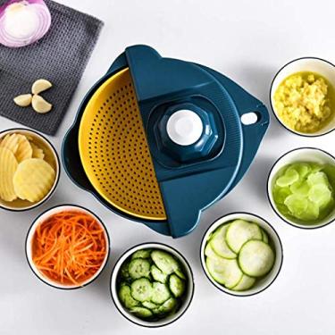 Imagem de Cortador de legumes mandolina, cortador de legumes e fatiador com cesto de drenagem, lâmina de aço inoxidável intercambiável com recipiente de armazenamento, protetor de mão e descascador de pepino, cenoura